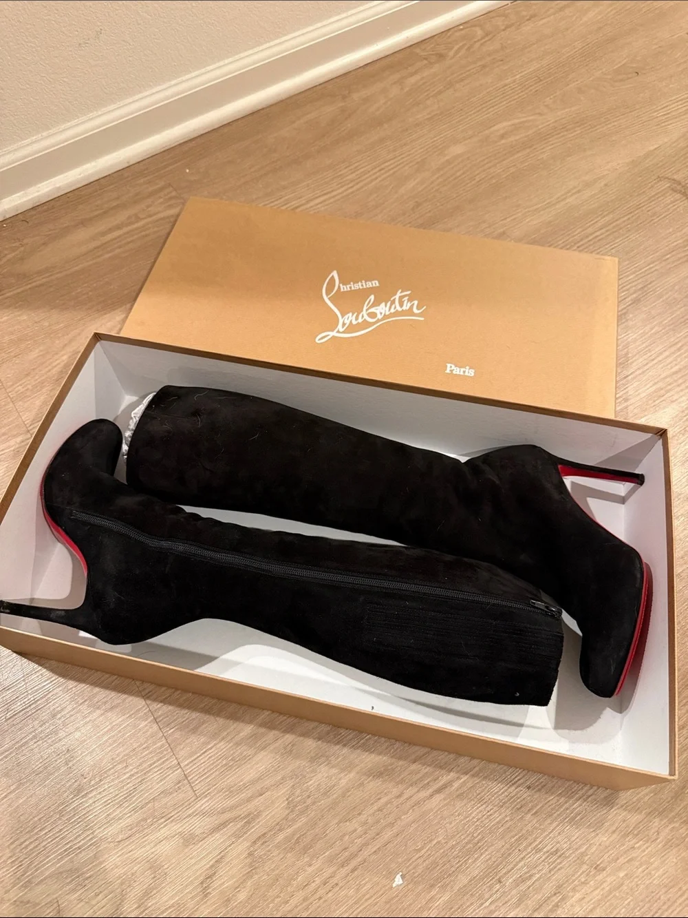Christian Louboutin Black Suede Over-the-Knee Stiletto Boots with Red Soles